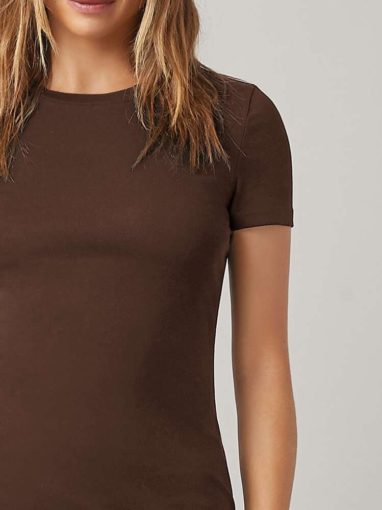 SHEIN BASICS Round Neck Solid Bodycon Dress,Summer Dresses For Women - Coffee Brown - View 4