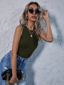 SHEIN Essnce 素色羅紋針織背心上衣 - 墨綠色 - 查看 5
