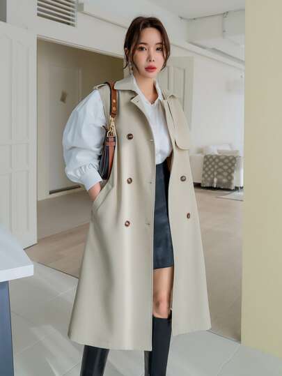 DAZY Casual Solid Color Sleeveless Double-Breasted Trench Coat,Fall Clothes Women Jacket Vest