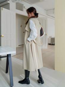 DAZY 休闲纯色无袖双排扣风衣，秋季衣服女式夹克背心 - 卡其色 - 查看 2