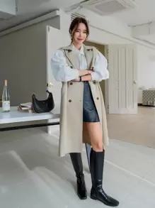 DAZY 休闲纯色无袖双排扣风衣，秋季衣服女式夹克背心 - 卡其色 - 查看 4