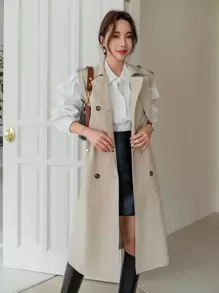 DAZY 休闲纯色无袖双排扣风衣，秋季衣服女式夹克背心 - 卡其色 - 查看 6