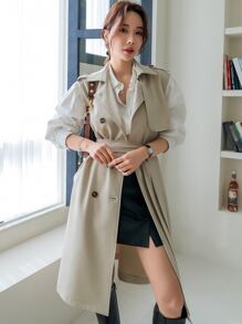 DAZY 休闲纯色无袖双排扣风衣，秋季衣服女式夹克背心 - 卡其色 - 查看 7