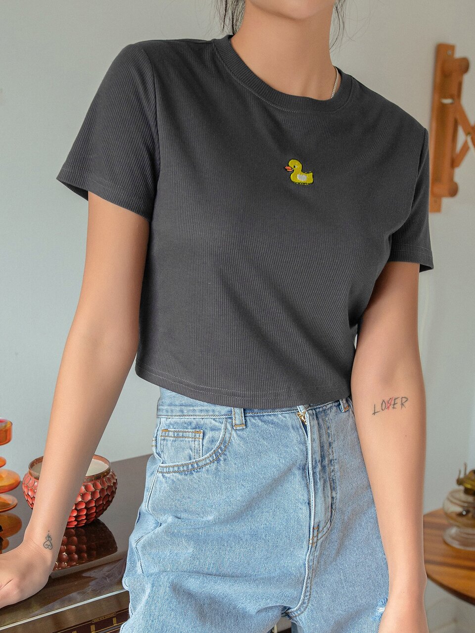 Duck Embroidery Rib-knit Crop Tee