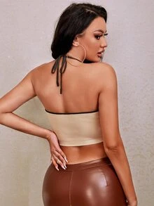 SHEIN SXY Áo dệt kim nữ Lộ Lưng Cắt ra Buộc lại Tương phản ràng buộc màu trơn Gợi cảm - Màu be - Xem 2