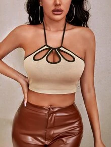 SHEIN SXY Áo dệt kim nữ Lộ Lưng Cắt ra Buộc lại Tương phản ràng buộc màu trơn Gợi cảm - Màu be - Xem 5