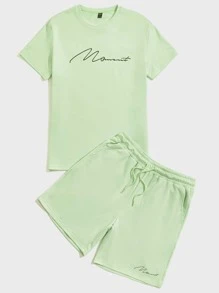 Manfinity VCAY Men Cotton Letter Graphic Tee & Drawstring Waist Track Shorts - Lime Green - View 1