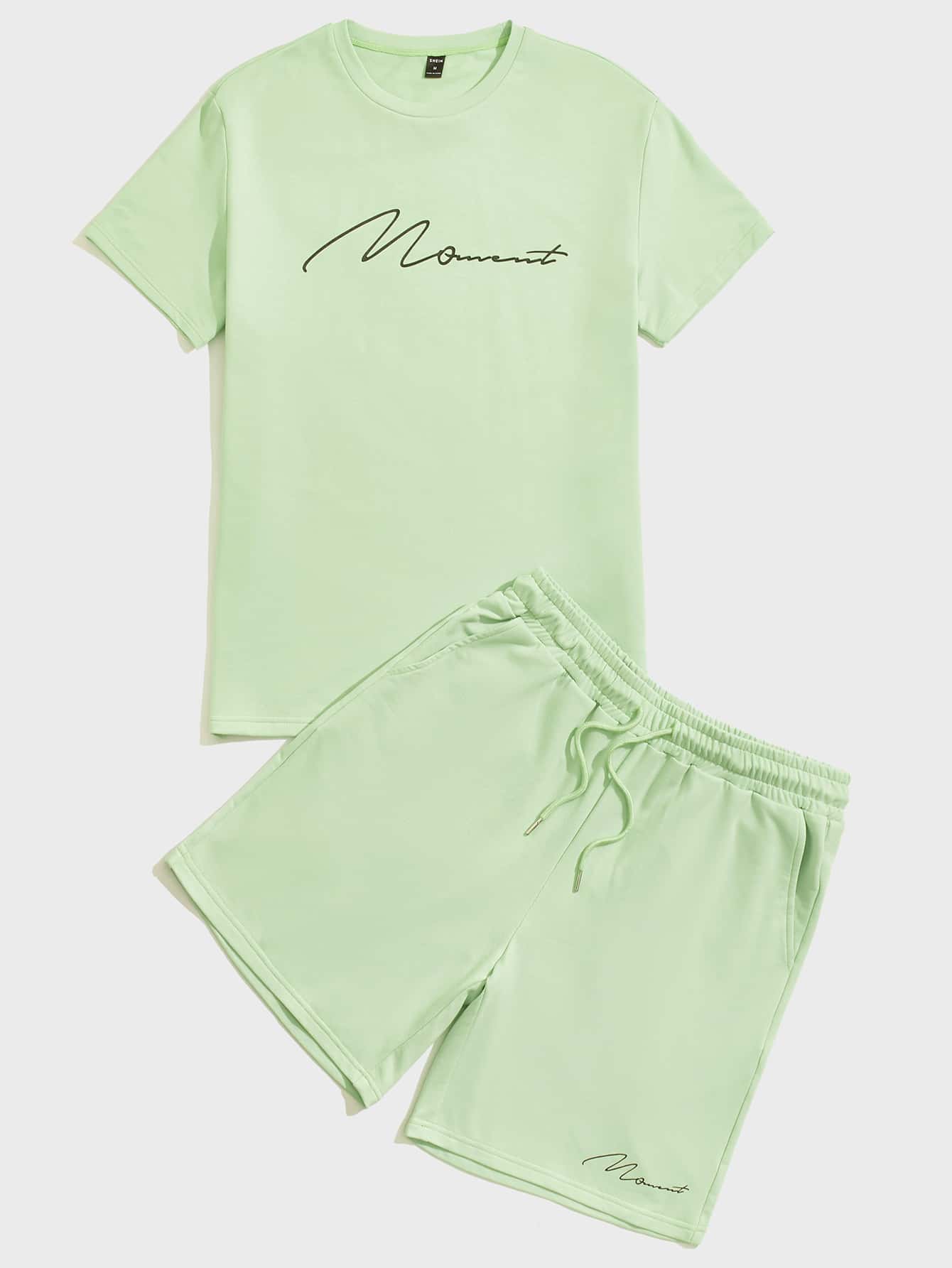 Manfinity VCAY Men Cotton Letter Graphic Tee & Drawstring Waist Track Shorts - Lime Green - View 1