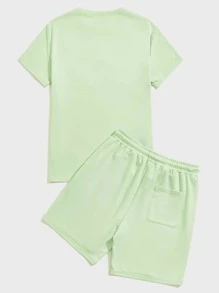 Manfinity VCAY Men Cotton Letter Graphic Tee & Drawstring Waist Track Shorts - Lime Green - View 2