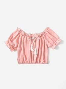 Blusa unicolor fruncido de cuello con cordón con fleco - Rosa Pálido - Ver 1