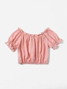 Blusa unicolor fruncido de cuello con cordón con fleco - Rosa Pálido - Ver 2