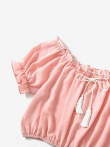 Blusa unicolor fruncido de cuello con cordón con fleco - Rosa Pálido - Ver 3