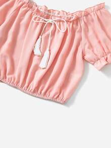 Blusa unicolor fruncido de cuello con cordón con fleco - Rosa Pálido - Ver 4