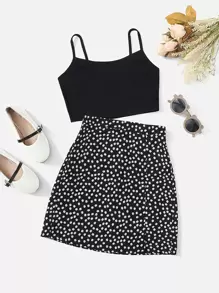 SHEIN 毛邊小少女背心上衣和小碎花裙套裝