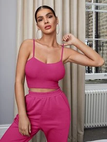 SHEIN BAE 素色短版吊帶上衣 - 玫紅色 - 查看 5