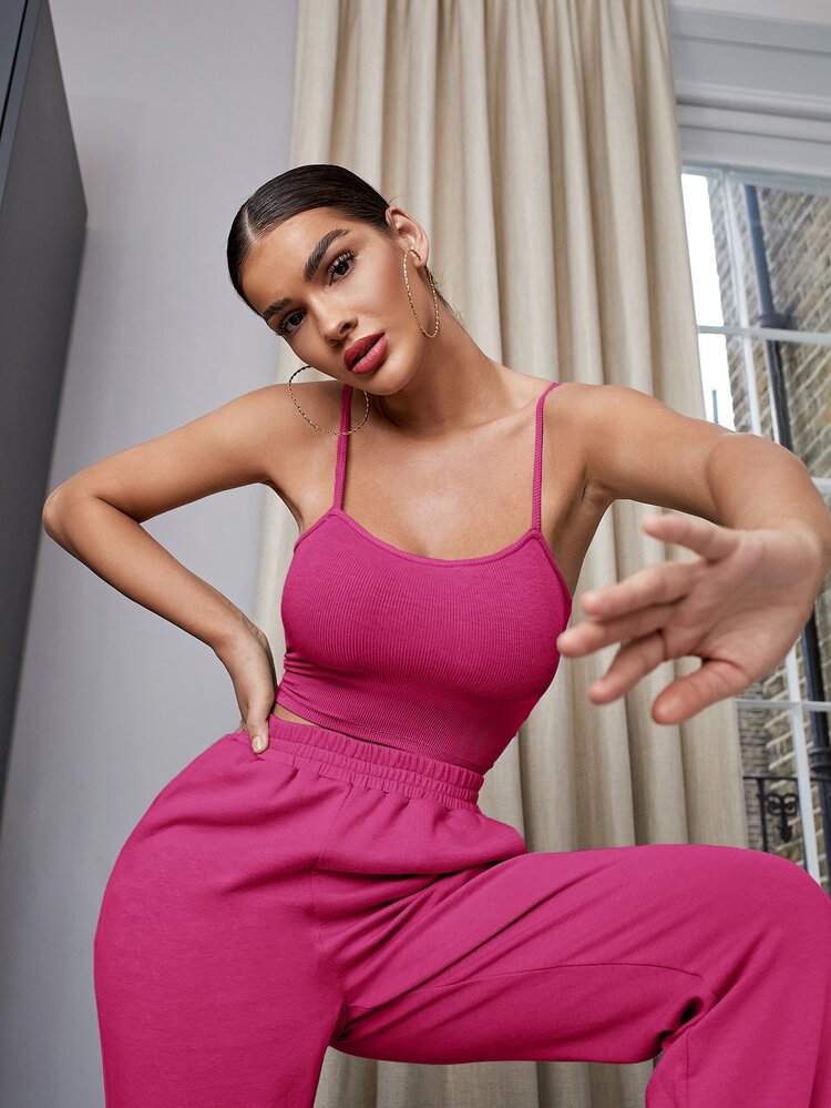 SHEIN BAE 素色短版吊帶上衣 - 玫紅色 - 查看 6