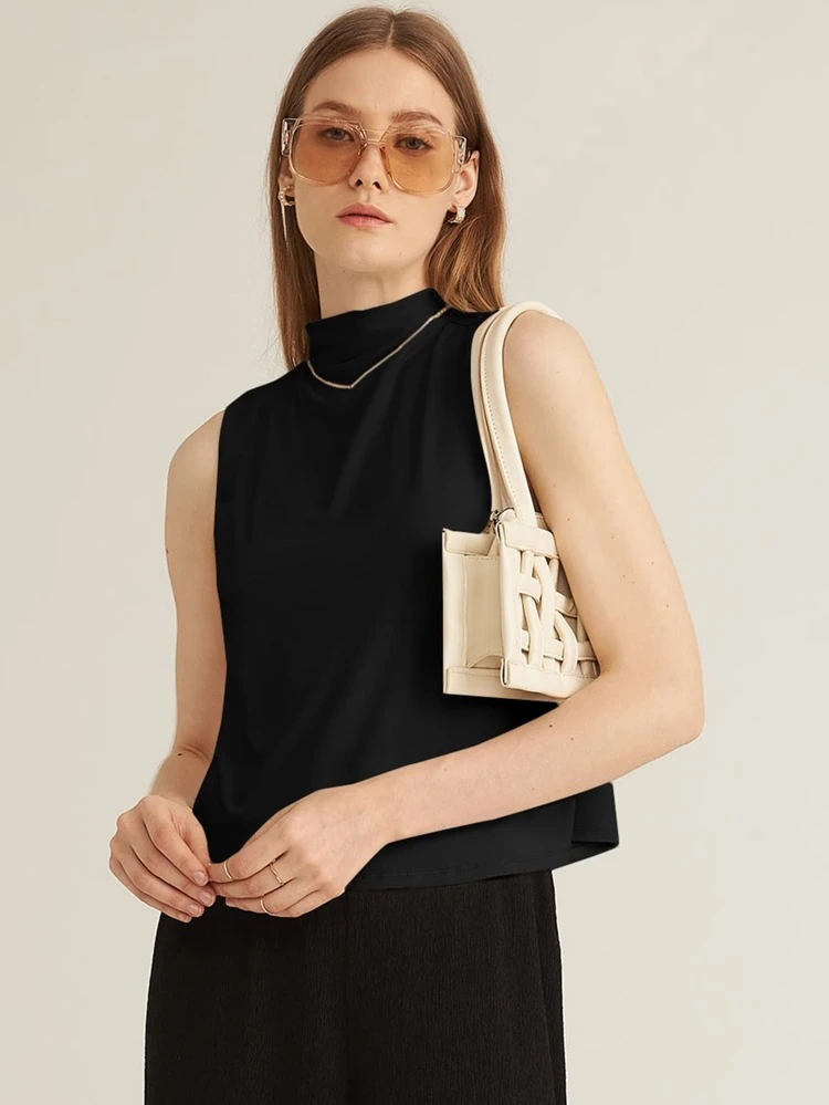 ビスコース モックネック ノースリーブ トップス