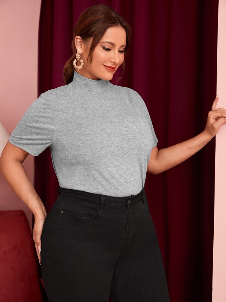 Mulvari Plus Mock-Neck Solid Top - Light Grey - View 1