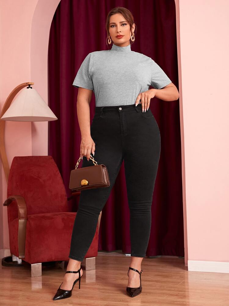 Mulvari Plus Mock-Neck Solid Top - Light Grey - View 3
