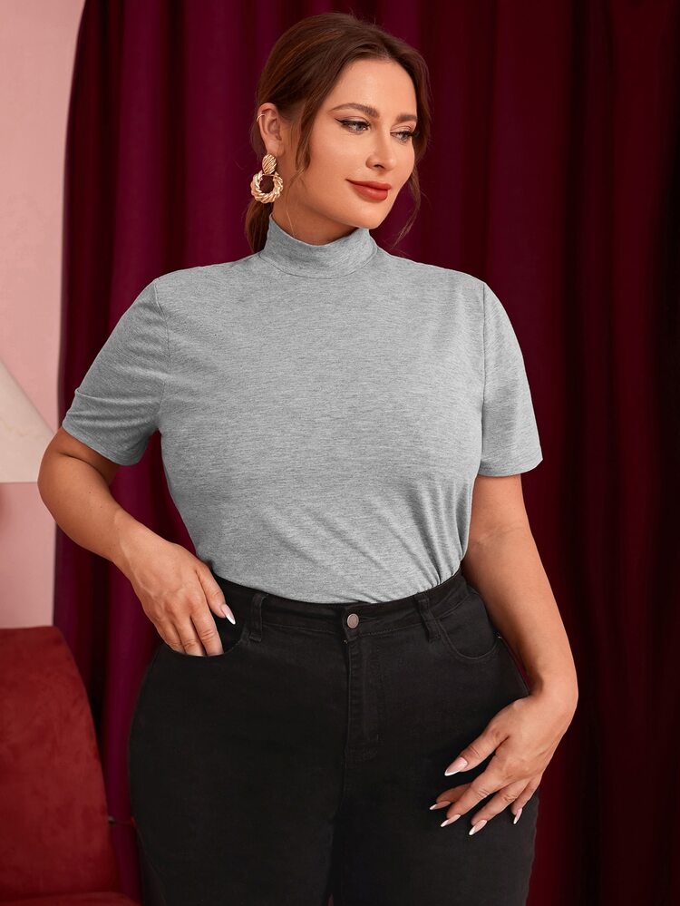 Mulvari Plus Mock-Neck Solid Top - Light Grey - View 5