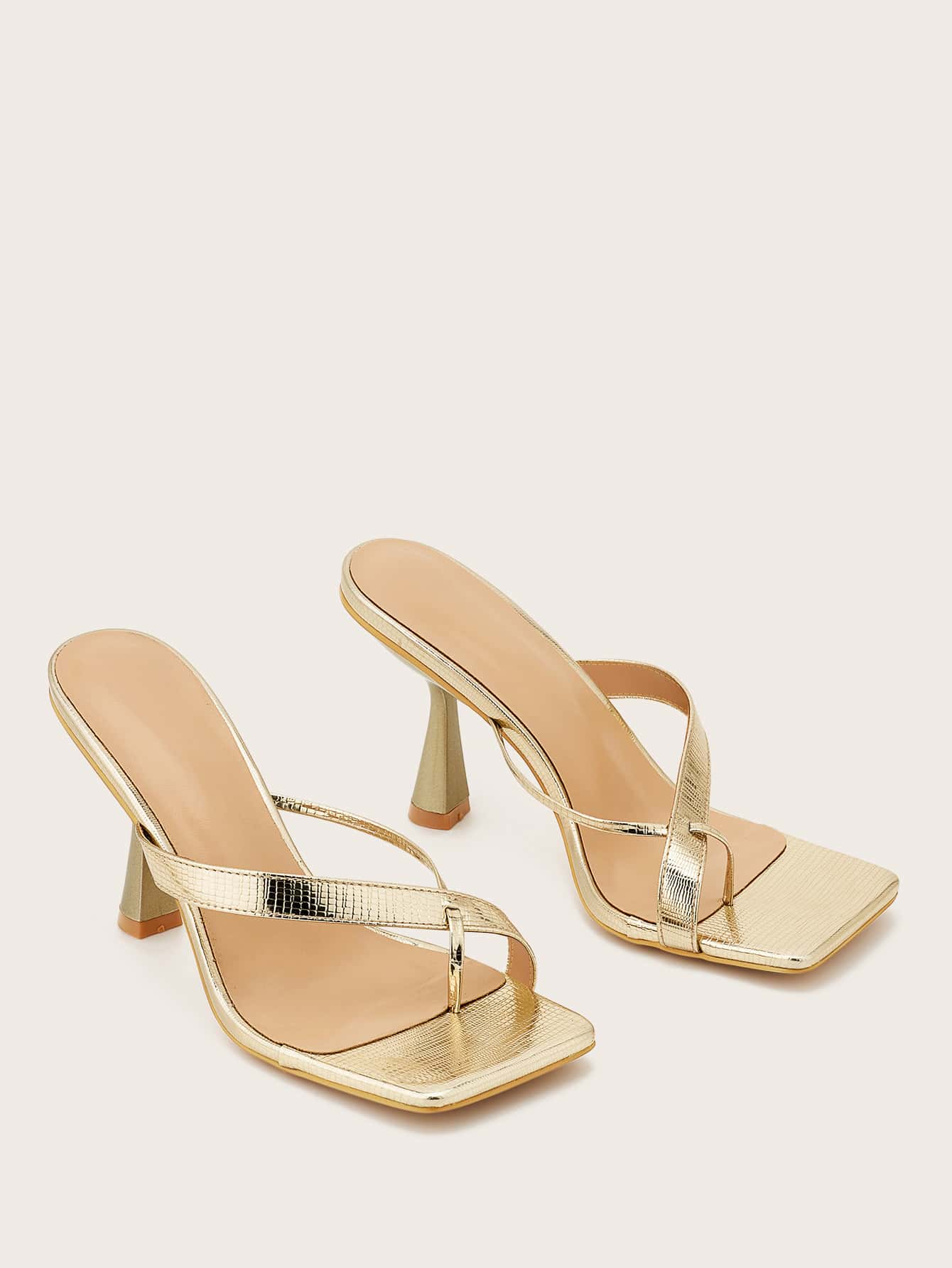 女士金屬質感酒杯高跟丁字褲魅力四射夏天高跟涼鞋 - 金色 - 查看 1