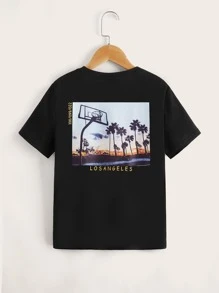 SHEIN Tween Boy Summer Classic College Style Matching Round Neck Short Sleeve T-Shirt With Letter Pattern - Black - View 1