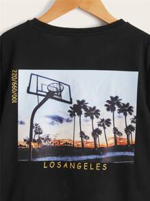 SHEIN Tween Boy Summer Classic College Style Matching Round Neck Short Sleeve T-Shirt With Letter Pattern - Black - View 4