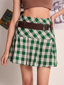 ROMWE Plaid Belted Pleated Skirt - Multicolor - View 1