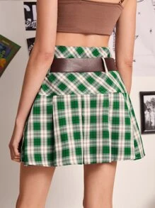 ROMWE Plaid Belted Pleated Skirt - Multicolor - View 2