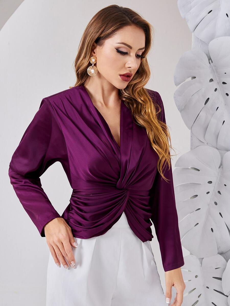 SHEIN Solid Twist Tie Back Satin Top - Purple - View 1