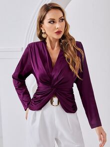 SHEIN Solid Twist Tie Back Satin Top - Purple - View 4