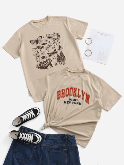 2pcs Mushroom & Letter Graphic Tee