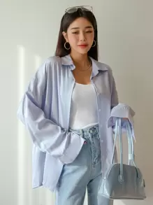 DAZY 落肩纽扣前开衫 秋季上衣 长袖上衣 - 淺藍色 - 查看 1