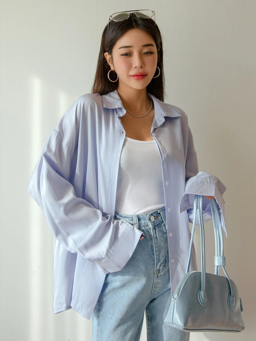 DAZY 落肩纽扣前开衫 秋季上衣 长袖上衣 - 淺藍色 - 查看 1