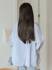 DAZY 落肩纽扣前开衫 秋季上衣 长袖上衣 - 淺藍色 - 查看 2