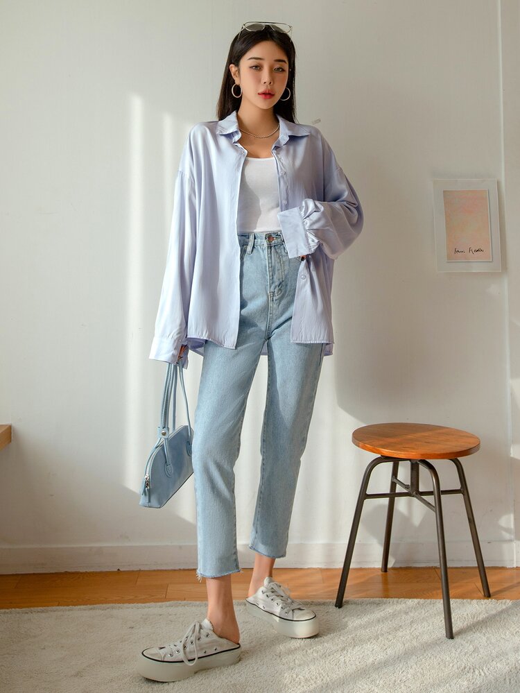 DAZY 落肩纽扣前开衫 秋季上衣 长袖上衣 - 淺藍色 - 查看 3