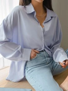 DAZY 落肩纽扣前开衫 秋季上衣 长袖上衣 - 淺藍色 - 查看 4