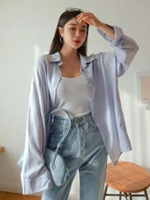 DAZY 落肩纽扣前开衫 秋季上衣 长袖上衣 - 淺藍色 - 查看 5