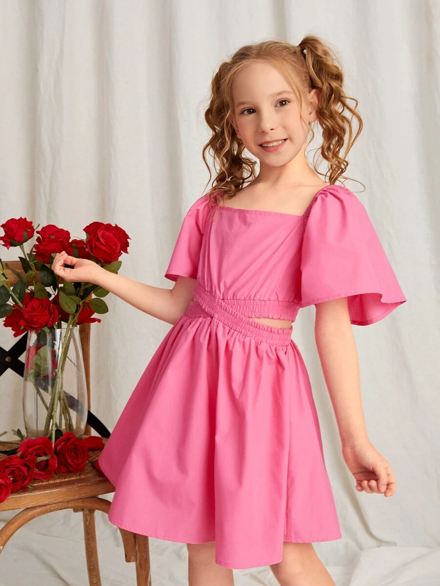 SHEIN Girls Square Neck Cut Out Shirred Ruffle Hem Dress - Pink - View 1