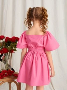 SHEIN Girls Square Neck Cut Out Shirred Ruffle Hem Dress - Pink - View 2