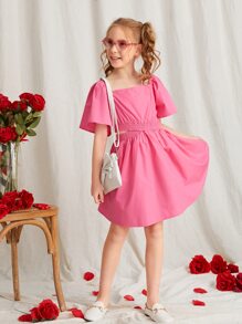 SHEIN Girls Square Neck Cut Out Shirred Ruffle Hem Dress - Pink - View 4