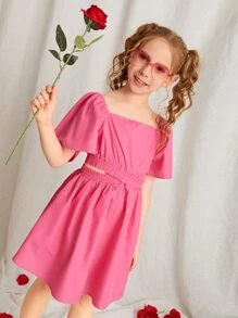 SHEIN Girls Square Neck Cut Out Shirred Ruffle Hem Dress - Pink - View 5