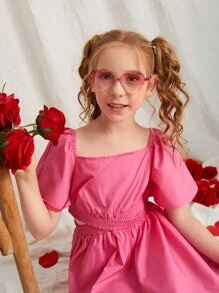 SHEIN Girls Square Neck Cut Out Shirred Ruffle Hem Dress - Pink - View 6