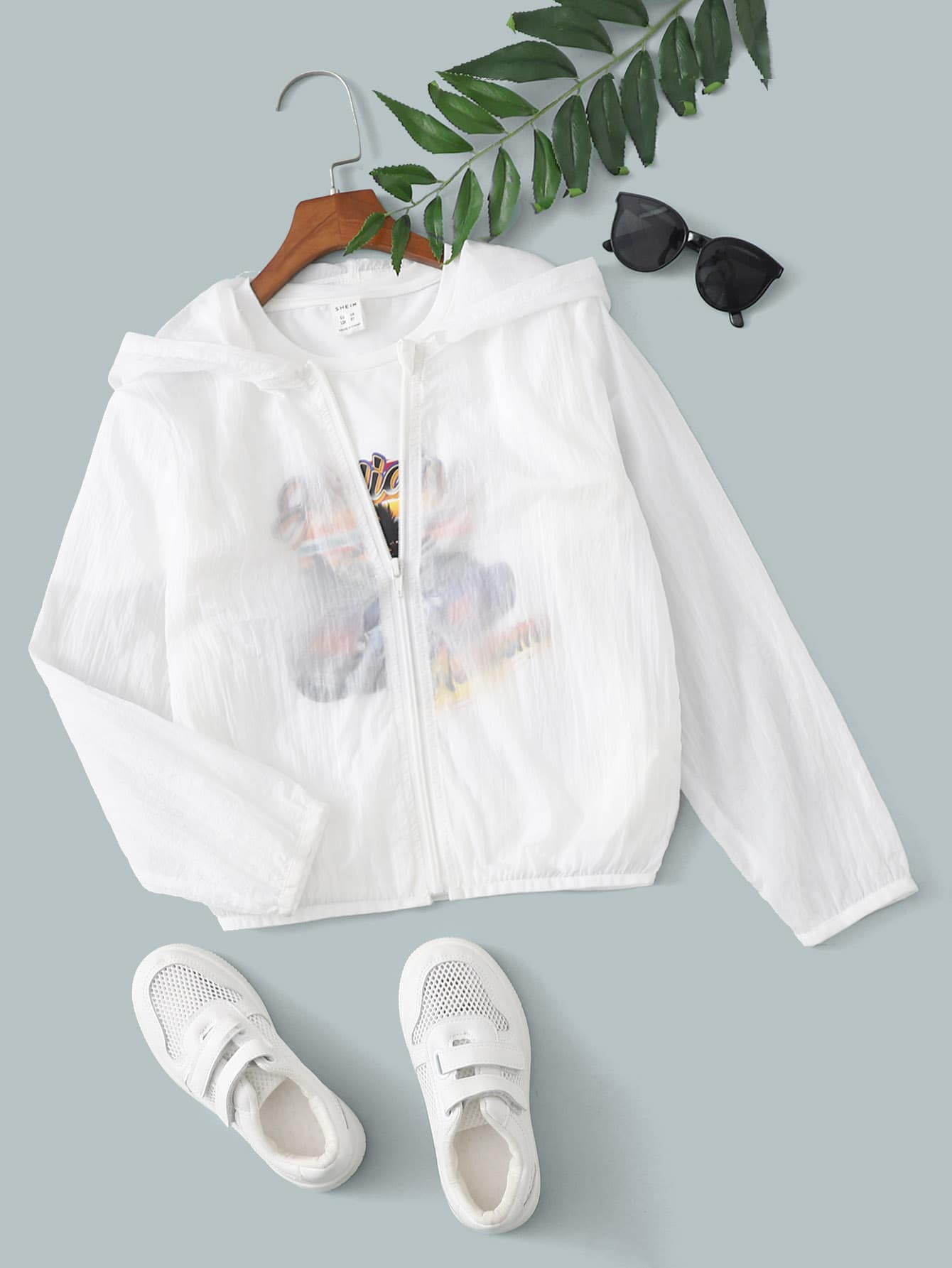 SHEIN 男孩拉鍊開襟連帽半透明夾克 - 白色 - 查看 1