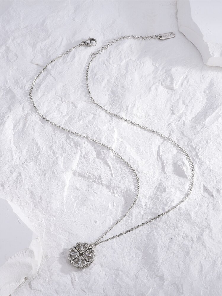 Rhinestone trang trí cỏ ba lá quyến rũ vòng cổ - Bạc - Xem 3