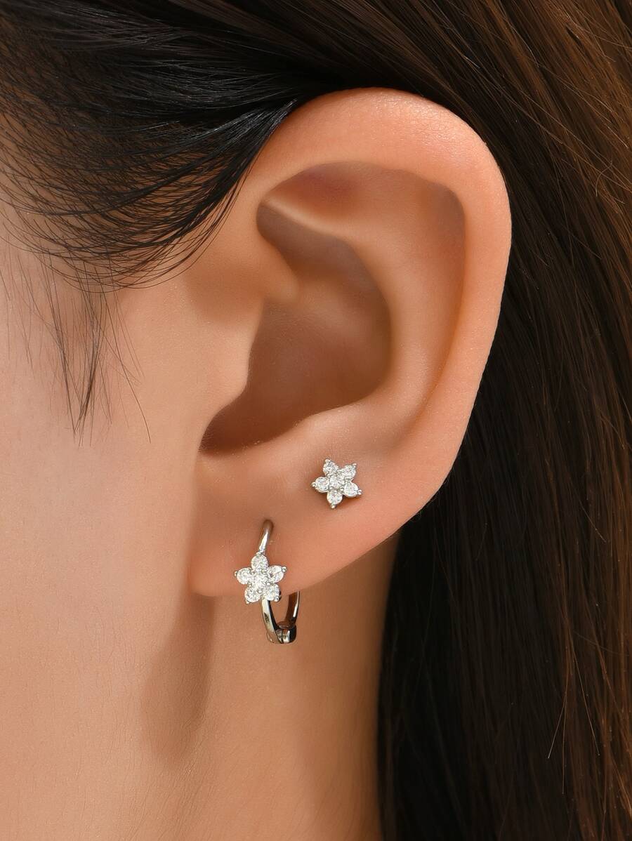 2pairs Cubic Zirconia Flower Decor Earrings Copper Jewelry Valentines,Mom,Mother,Mother's Day,Gift - Silver - View 1