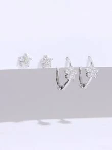 2pairs Cubic Zirconia Flower Decor Earrings Copper Jewelry Valentines,Mom,Mother,Mother's Day,Gift - Silver - View 4