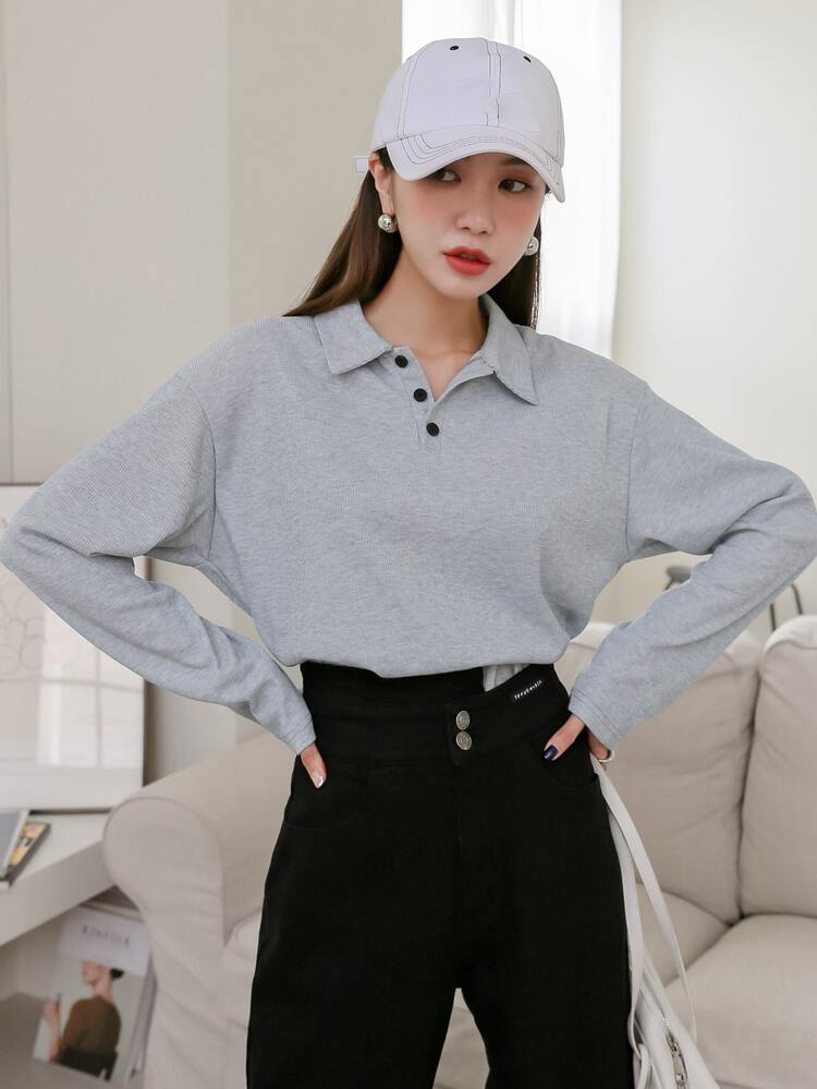 DAZY Polo Neck Drop Shoulder Tee - Grey - View 3