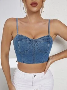 Zipper Back Bustier Crop Denim Cami Top - Medium Wash - View 1