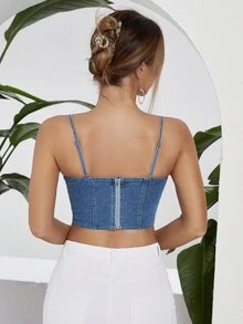 Zipper Back Bustier Crop Denim Cami Top - Medium Wash - View 2